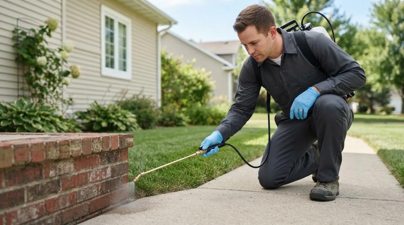 Pest control technician treating a home near Atkins, IA