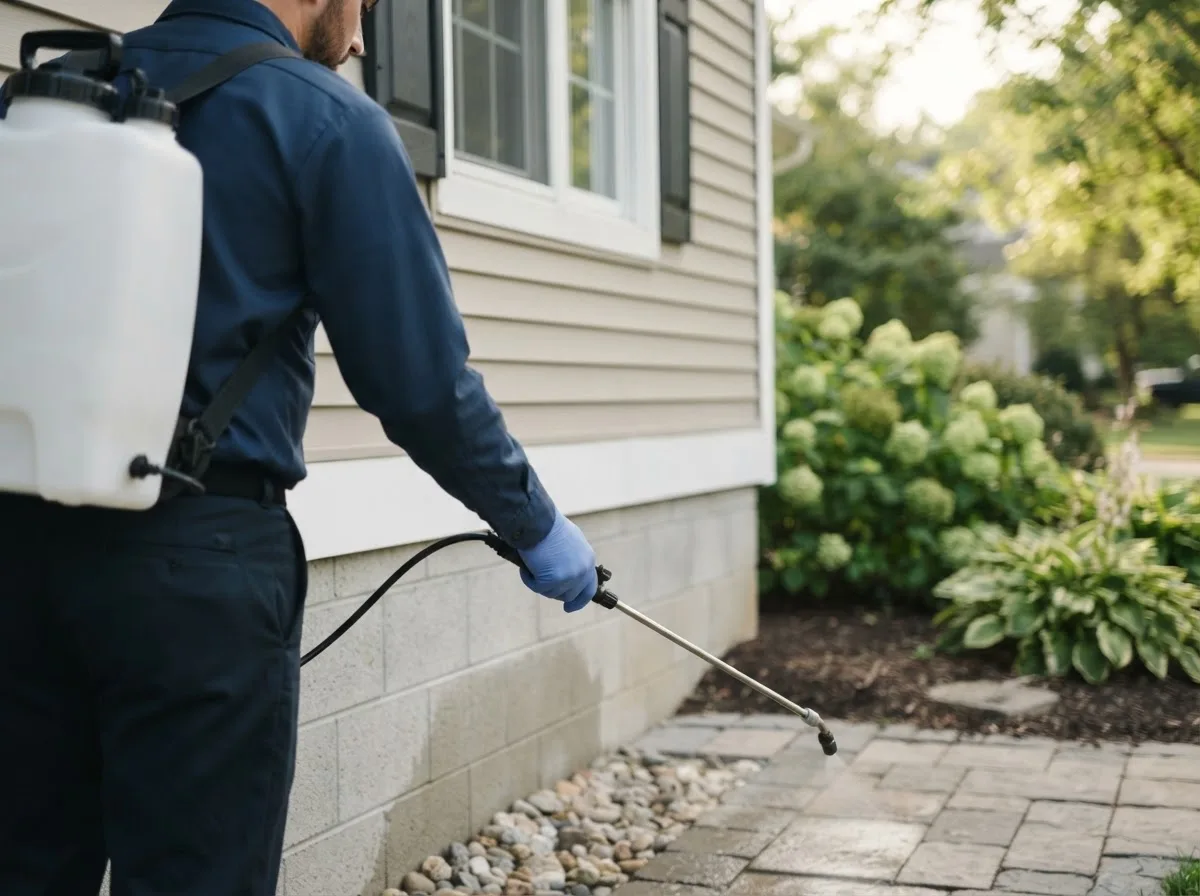 Pest control technician inspecting a home in Atkins, IA